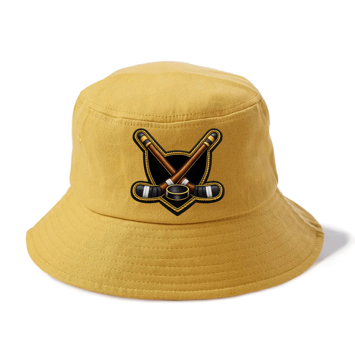 Embroidered patch design - HOCKEY CROSSED STICKS - ice hockey sticks with puck in - Bucket Hat - Golden Harvest(Yellow)
