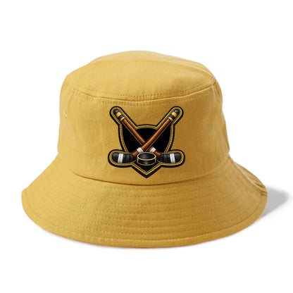 Embroidered patch design - HOCKEY CROSSED STICKS - ice hockey sticks with puck in - Bucket Hat - Golden Harvest(Yellow)