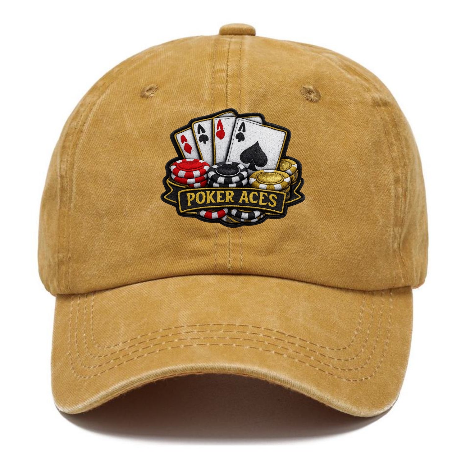 Embroidered patch design - POKER ACES - four aces with chips in red, black and gold - Classic Cap - Golden Harvest(Yellow)