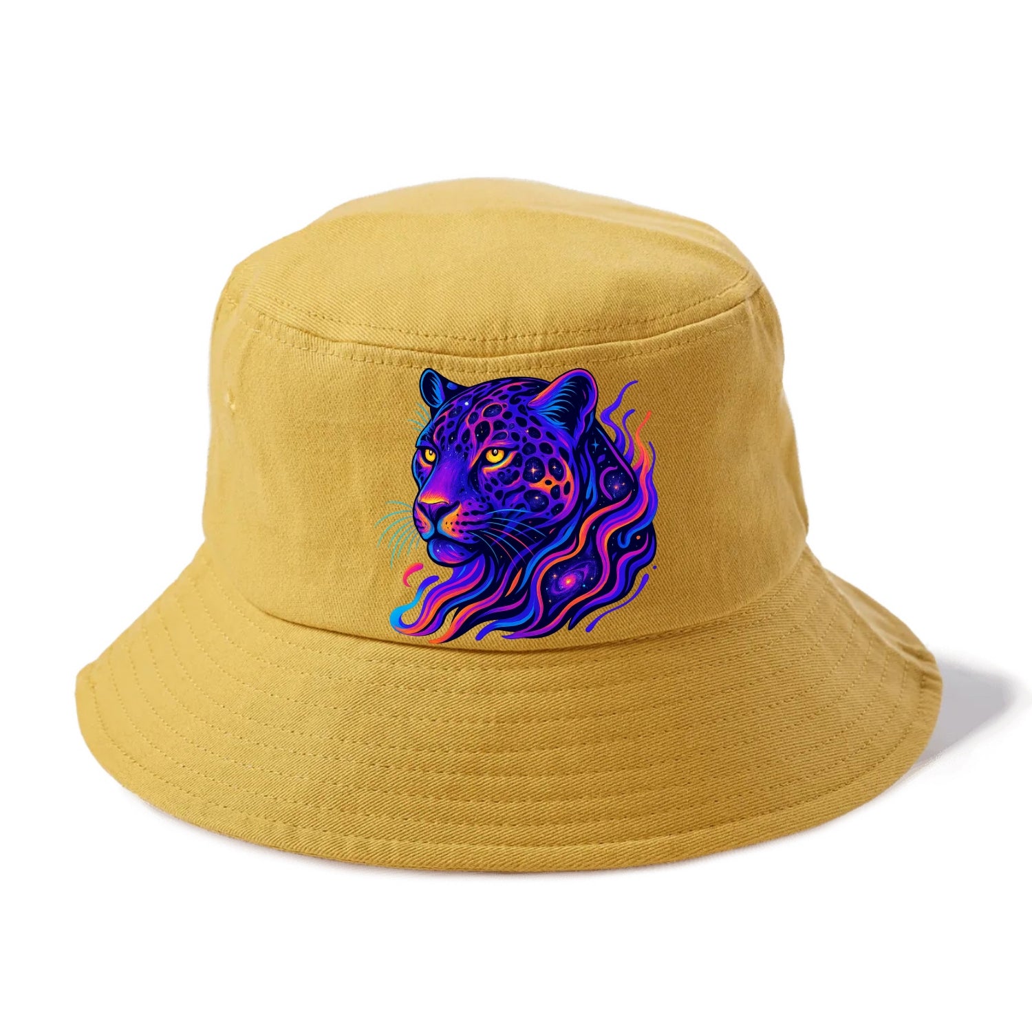 Powerful jaguar with rosettes containing miniature galaxies, cosmic purple and orange - Bucket Hat - Golden Harvest(Yellow)
