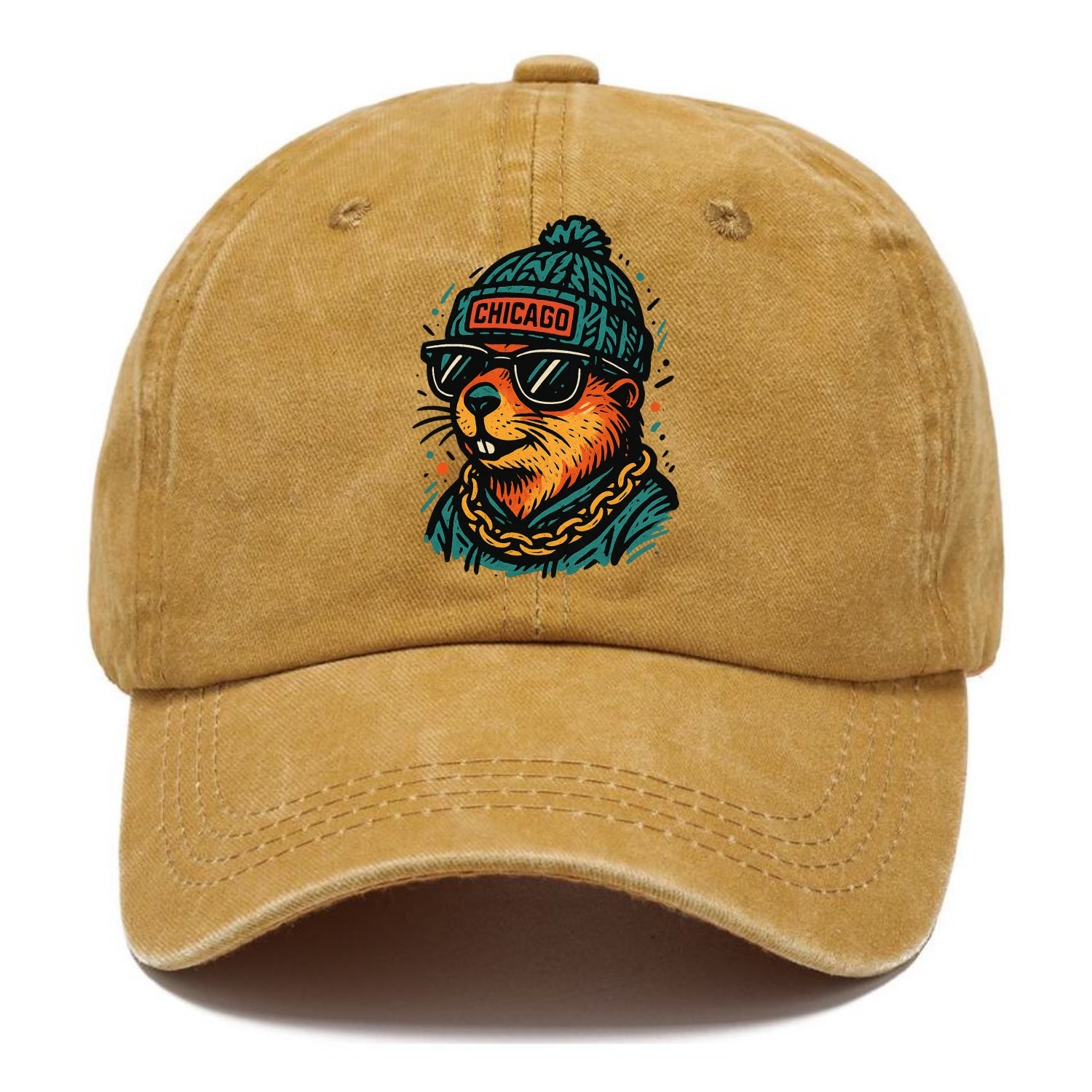 Illinois Prairie Dog wearing Chicago beanie with pom pom and wayfarer sunglasses - Classic Cap - Golden Harvest(Yellow)