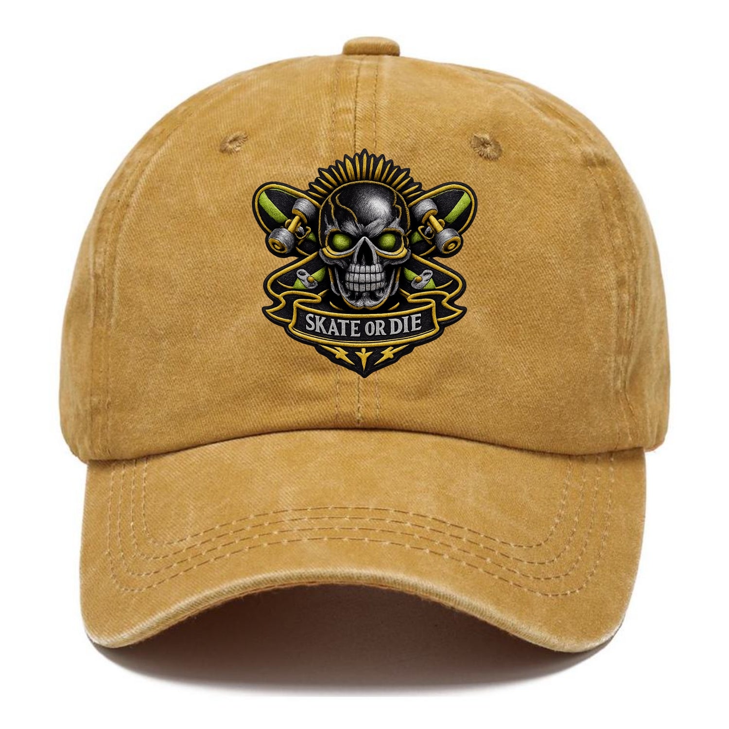 Embroidered patch design - SKATEBOARD SKULL - skull with skateboard in black and neon - Classic Cap - Golden Harvest(Yellow)
