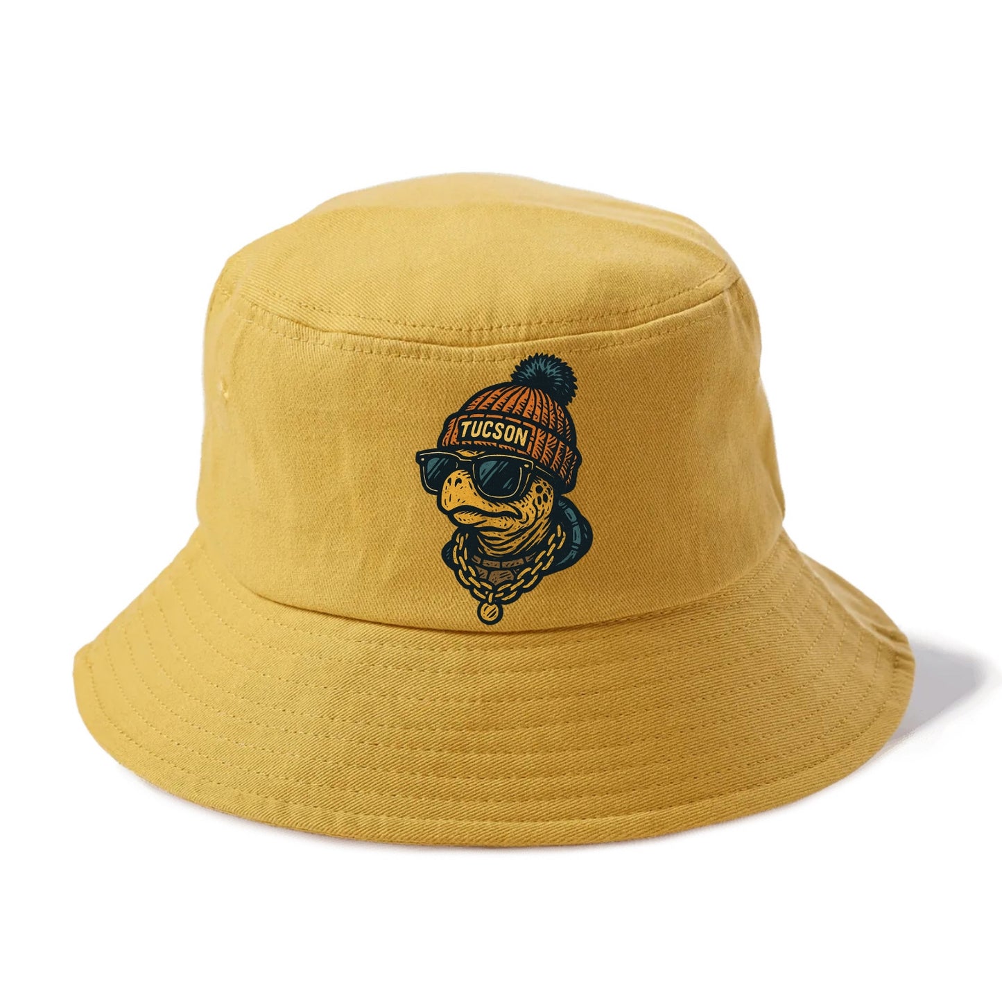 Tucson Desert Tortoise wearing Tucson beanie with pom pom and wayfarer sunglasses - Bucket Hat - Golden Harvest(Yellow)