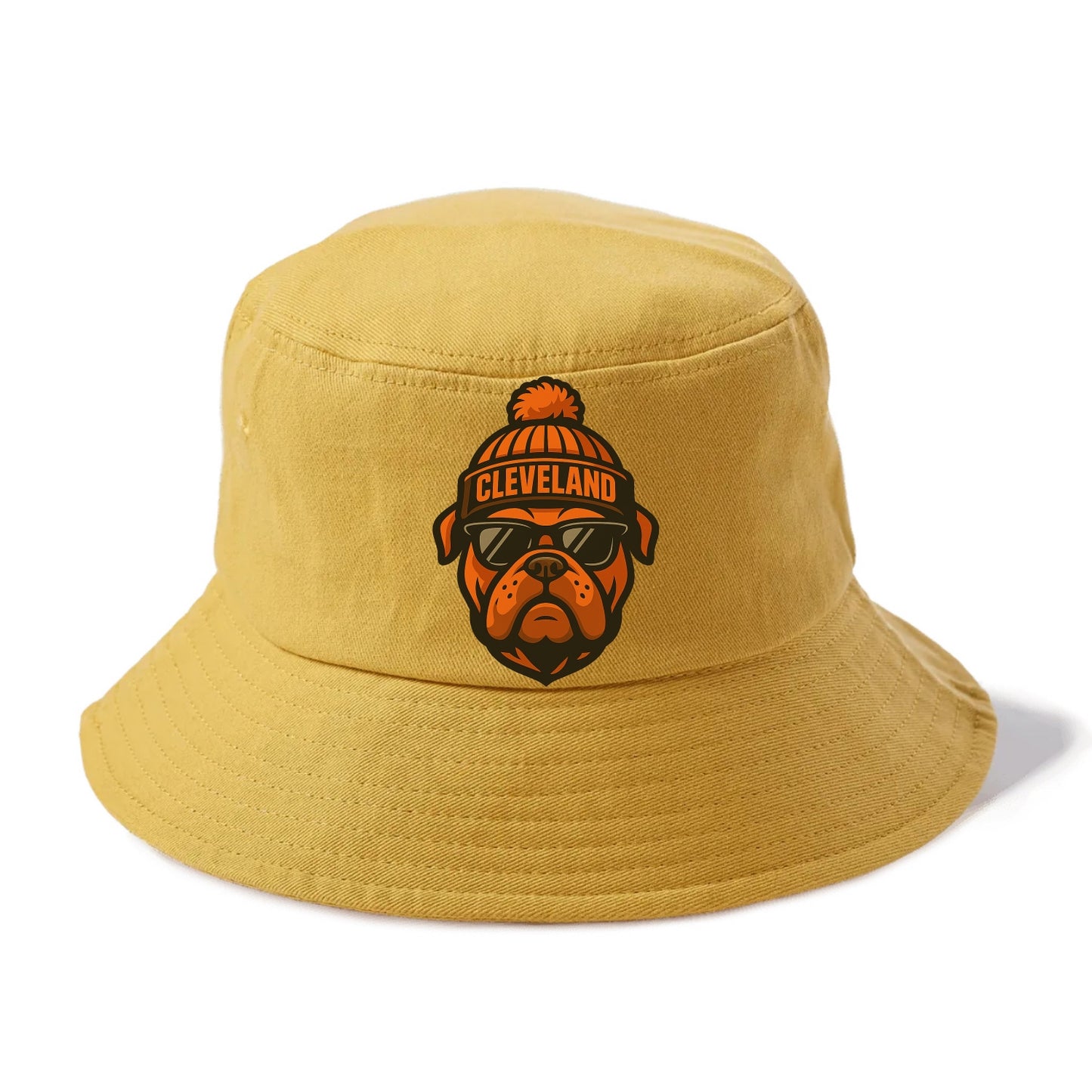 Cleveland Bulldog wearing Browns orange and brown beanie with pom pom and wayfarer - Bucket Hat - Golden Harvest(Yellow)