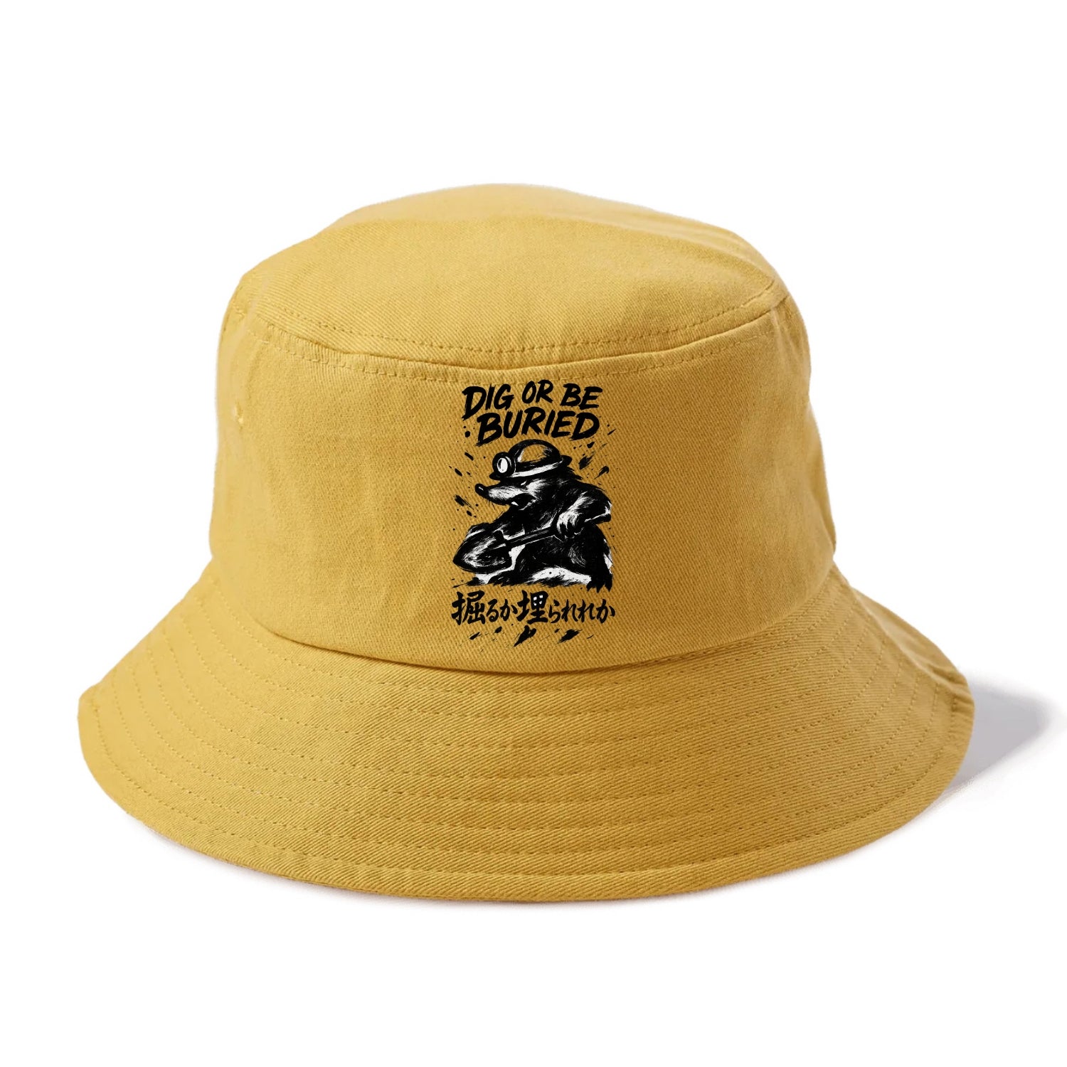 Dig or Be Buried - Mole holding shovel w Bucket Hat - Golden Harvest(Yellow)