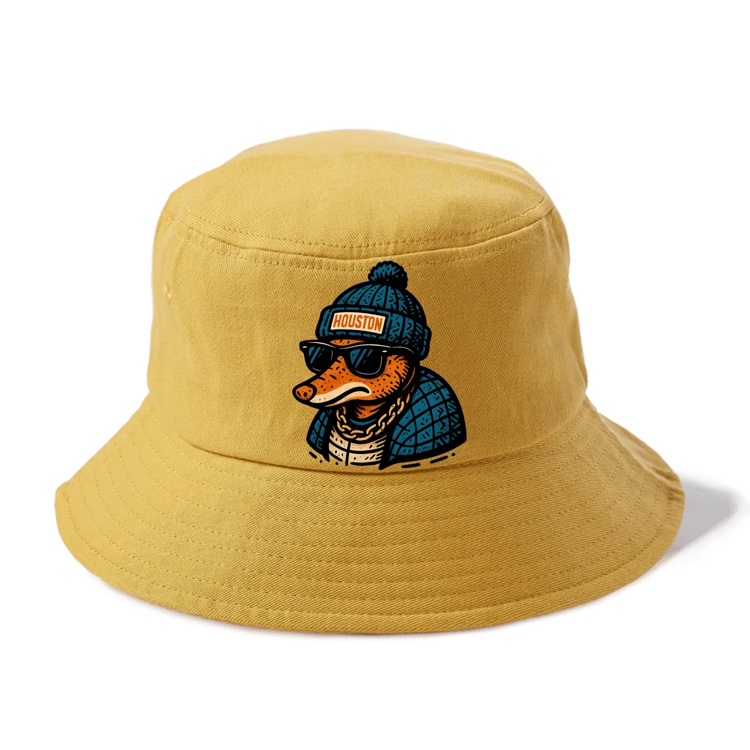 Houston Armadillo wearing Houston beanie with pom pom and wayfarer sunglasses - Bucket Hat - Golden Harvest(Yellow)