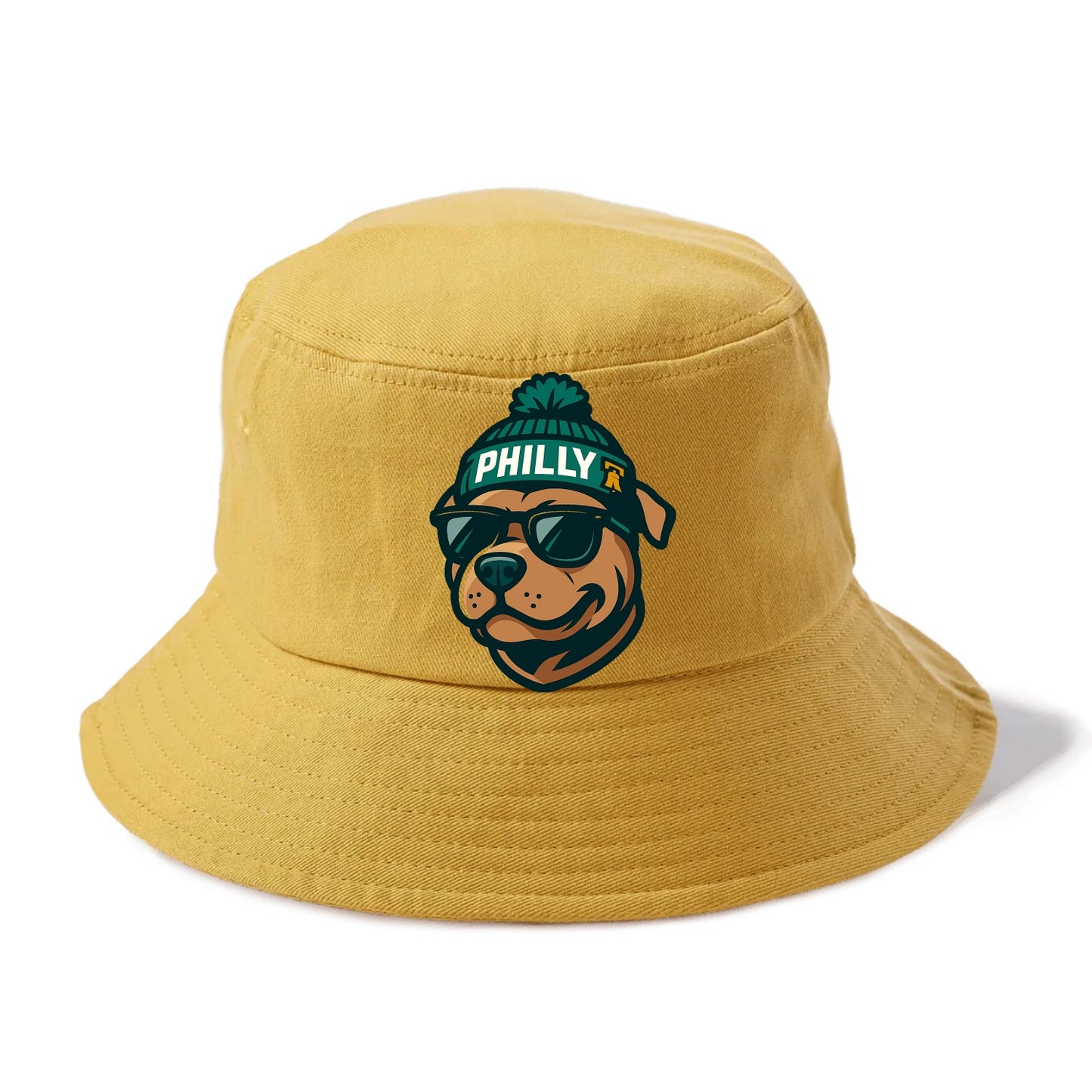 Philly Pitbull wearing Eagles beanie with Liberty Bell patch and wayfarer sunglasses - Bucket Hat - Golden Harvest(Yellow)