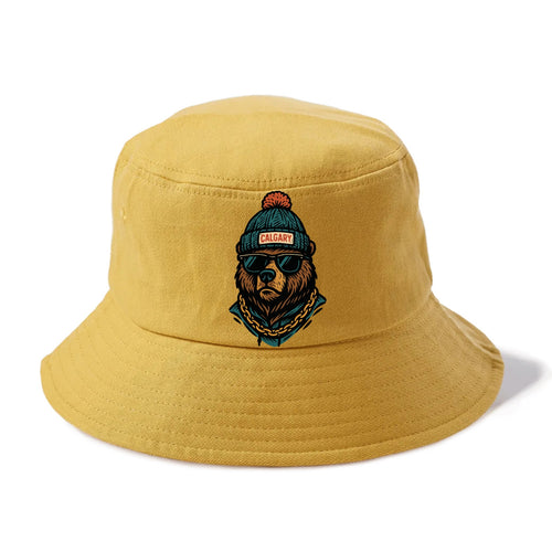 Calgary Grizzly Bear wearing Calgary beanie with pom pom and wayfarer sunglasses - Bucket Hat