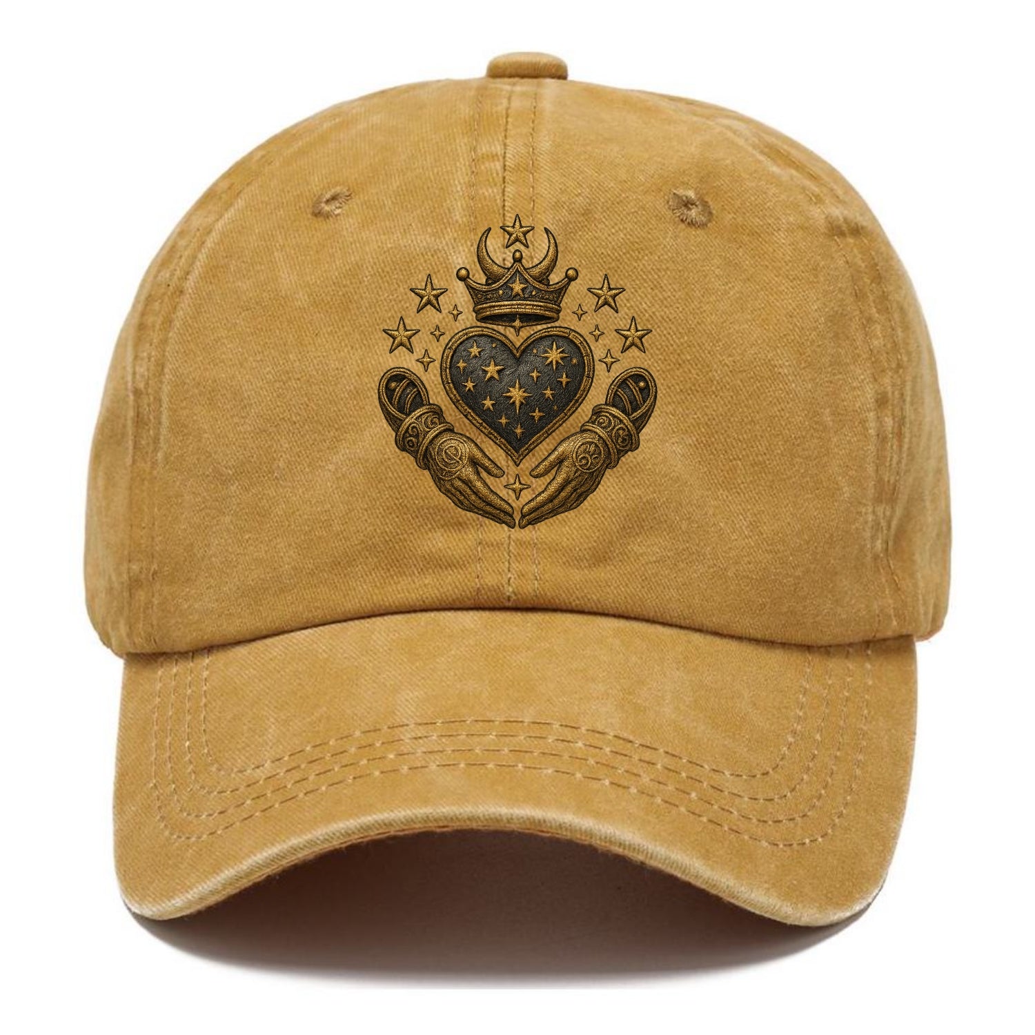 Weathered antique brass crown above a hammered gunmetal heart framed by ivy-woven - Classic Cap - Golden Harvest(Yellow)