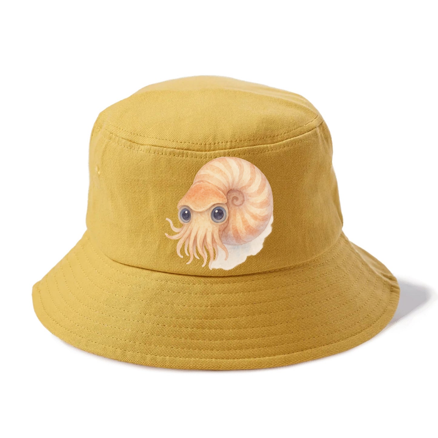 Baby Nautilus - spiral shell, tentacles peeking, ancient eyes, front-facing, living - Bucket Hat - Golden Harvest(Yellow)