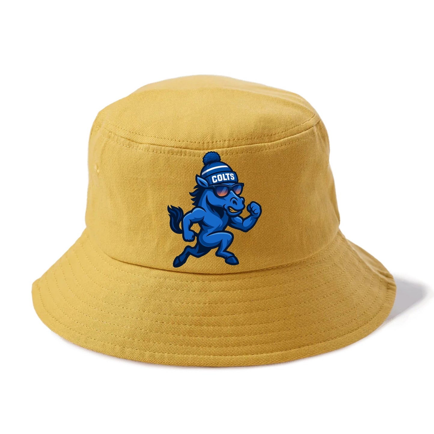 Indianapolis Colt Horse wearing Colts blue and white beanie with pom pom and wayfarer - Bucket Hat - Golden Harvest(Yellow)