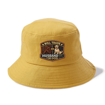 WILL TRADE HUSBAND FOR DOG - dog and man silhouette in brown , pet priority - Bucket Hat - Golden Harvest(Yellow)
