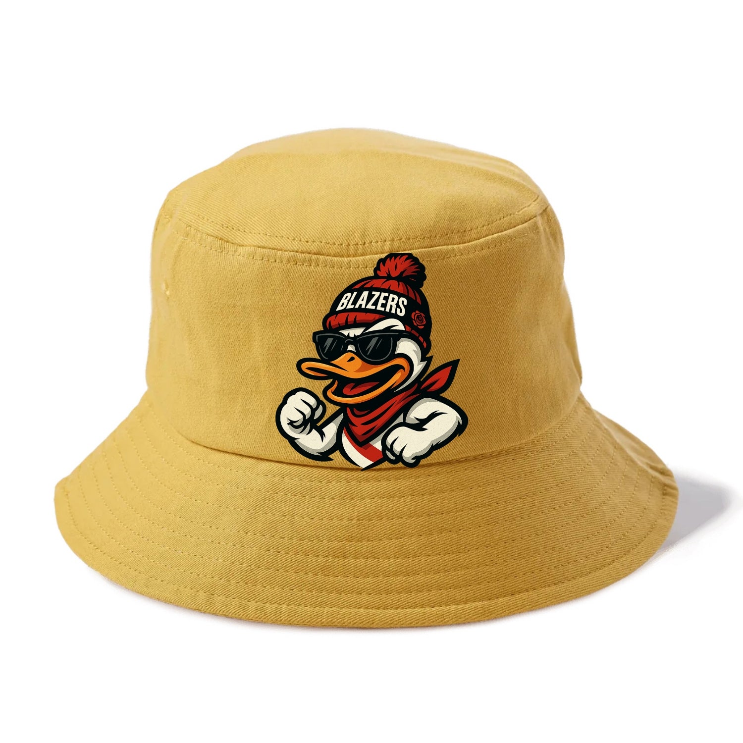 Oregon Duck wearing Trail Blazers beanie with rose patch and wayfarer sunglasses - Bucket Hat - Golden Harvest(Yellow)