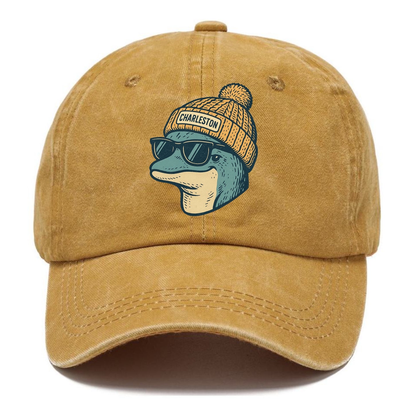 Charleston Dolphin wearing Charleston beanie with pom pom and wayfarer sunglasses - Classic Cap - Golden Harvest(Yellow)