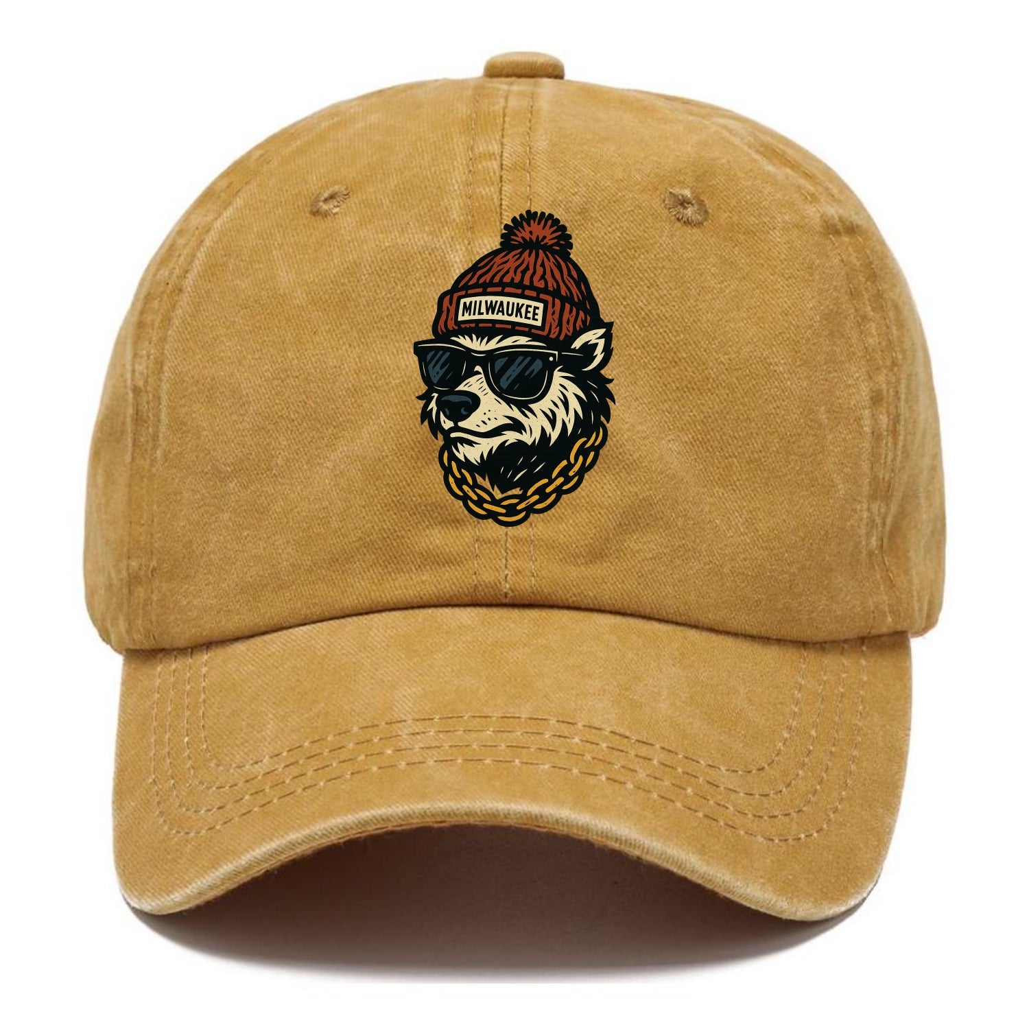 Milwaukee Badger wearing Milwaukee beanie with pom pom and wayfarer sunglasses - Classic Cap - Golden Harvest(Yellow)