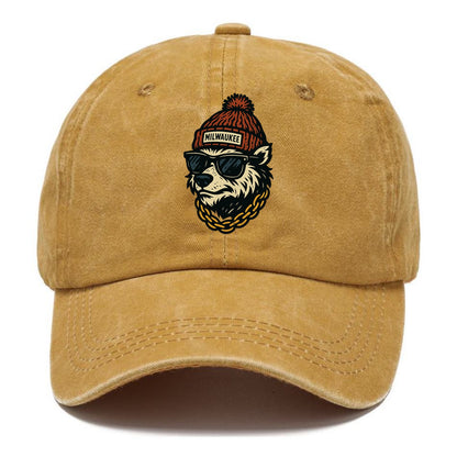 Milwaukee Badger wearing Milwaukee beanie with pom pom and wayfarer sunglasses - Classic Cap - Golden Harvest(Yellow)