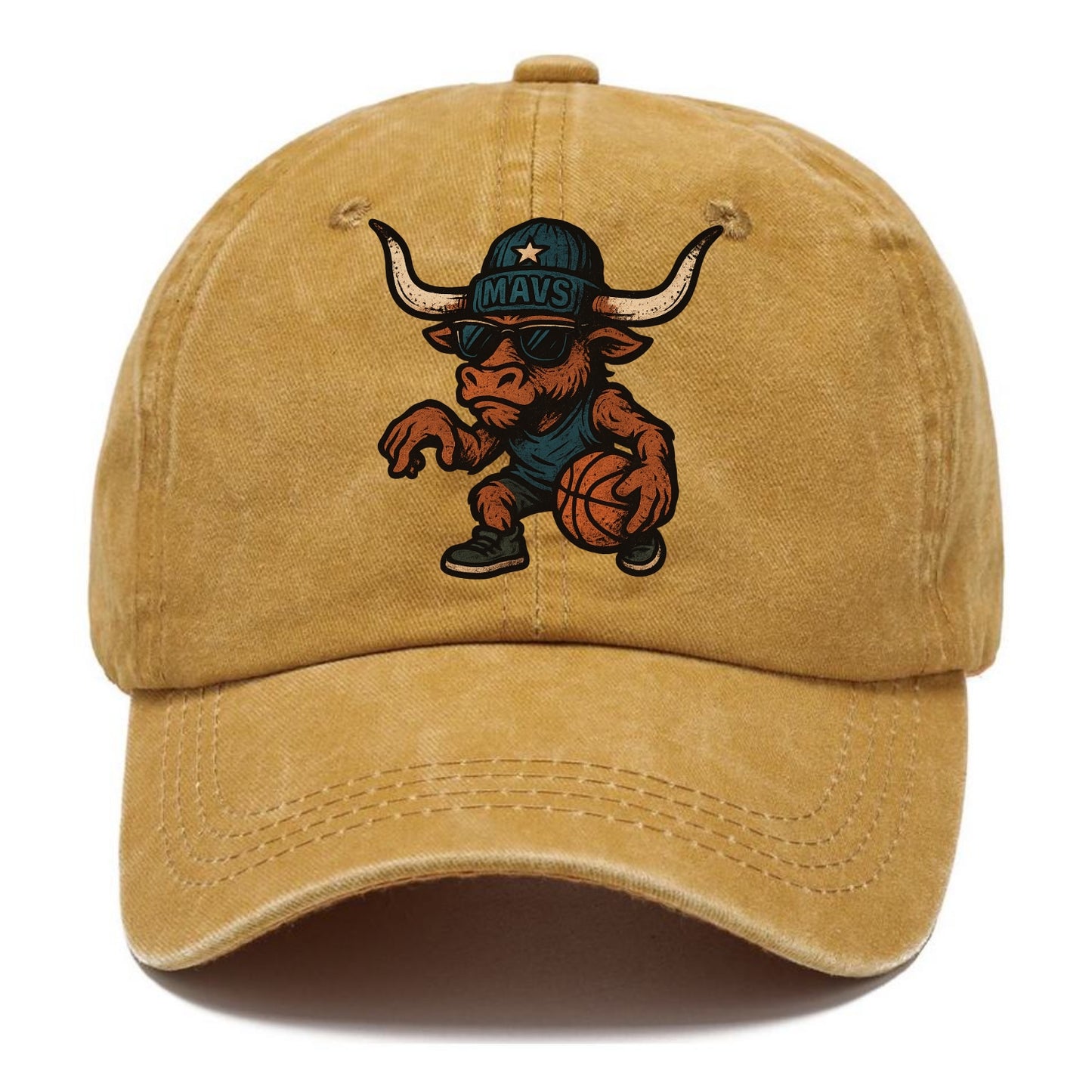 Texas Longhorn wearing Mavs beanie with lone star patch and wayfarer sunglasses - Classic Cap - Golden Harvest(Yellow)