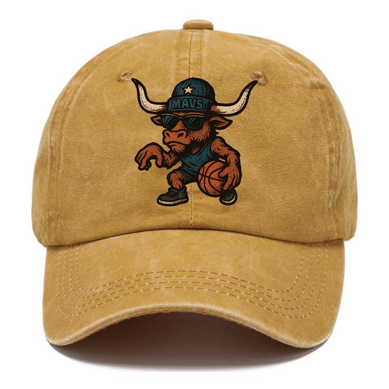 Texas Longhorn wearing Mavs beanie with lone star patch and wayfarer sunglasses - Classic Cap - Golden Harvest(Yellow)
