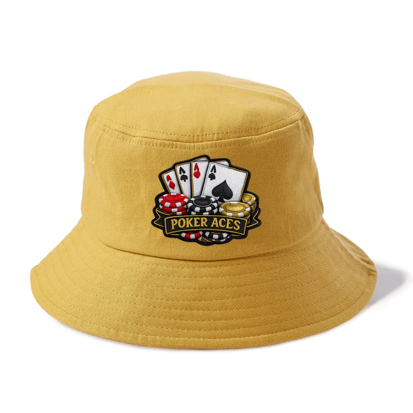Embroidered patch design - POKER ACES - four aces with chips in red, black and gold - Bucket Hat - Golden Harvest(Yellow)