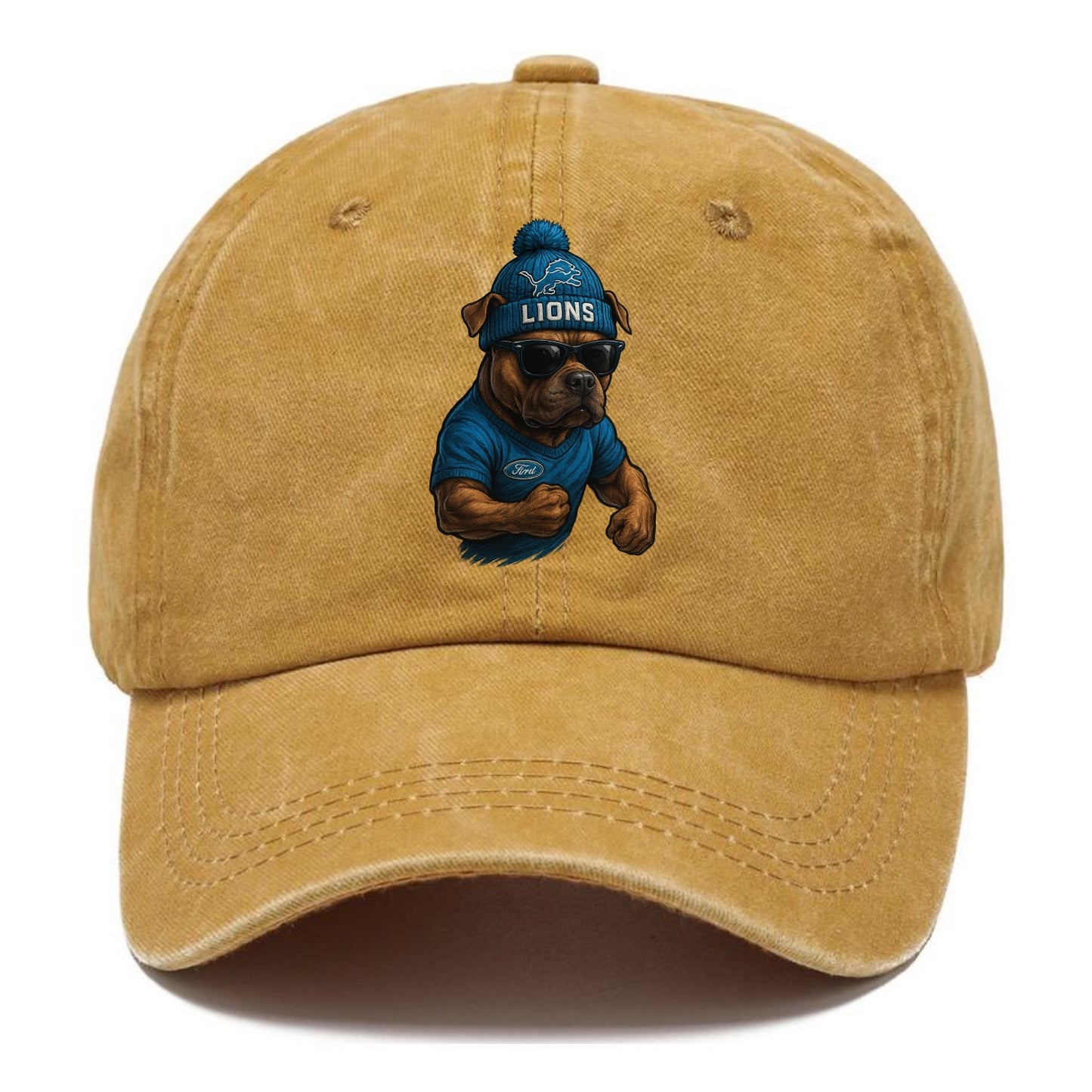 Detroit Pitbull wearing Lions beanie with auto patch and wayfarer sunglasses - Classic Cap - Golden Harvest(Yellow)