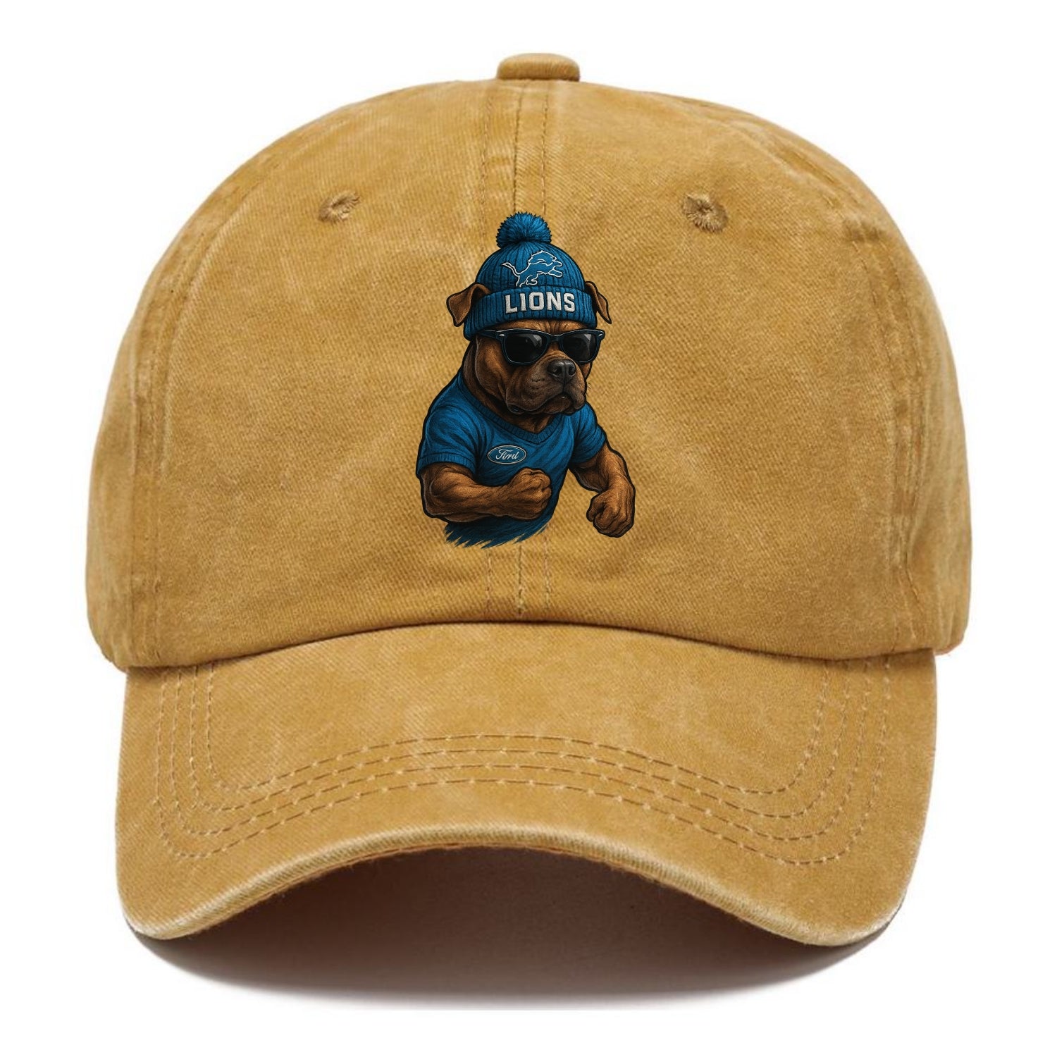 Detroit Pitbull wearing Lions beanie with auto patch and wayfarer sunglasses - Classic Cap - Golden Harvest(Yellow)