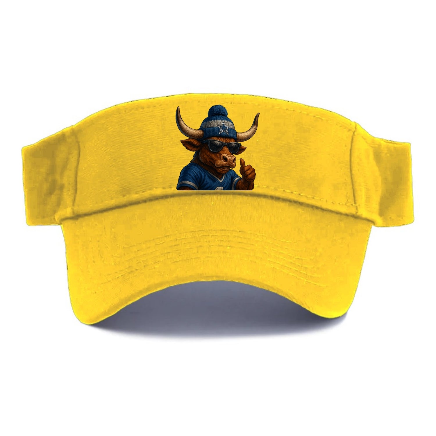 Texas Longhorn wearing Cowboys silver and blue beanie with star and wayfarer sunglasses - Visor - Golden Harvest(Yellow)