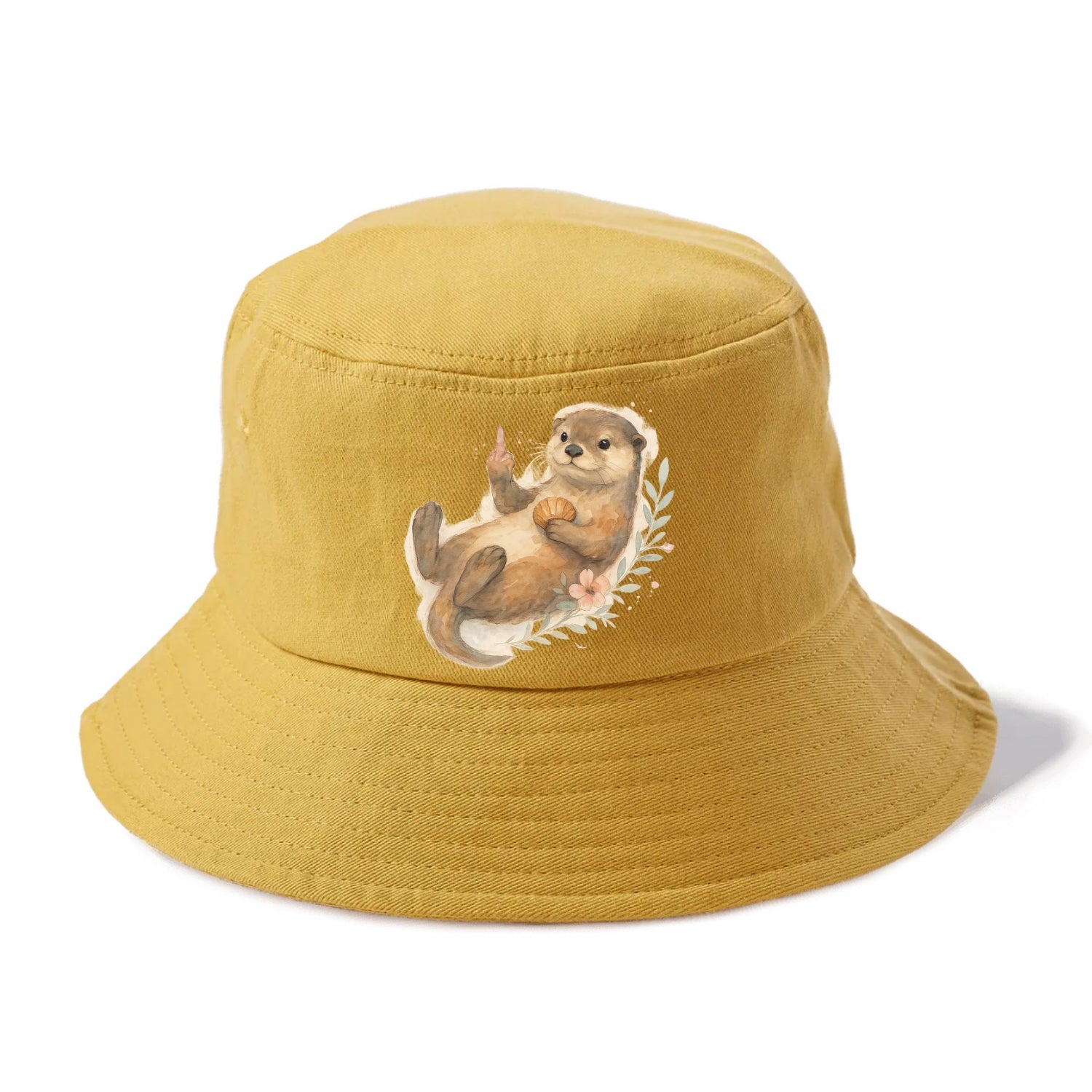 adorable otter floating on back, middle finger up while holding a shellfish - Bucket Hat - Golden Harvest(Yellow)