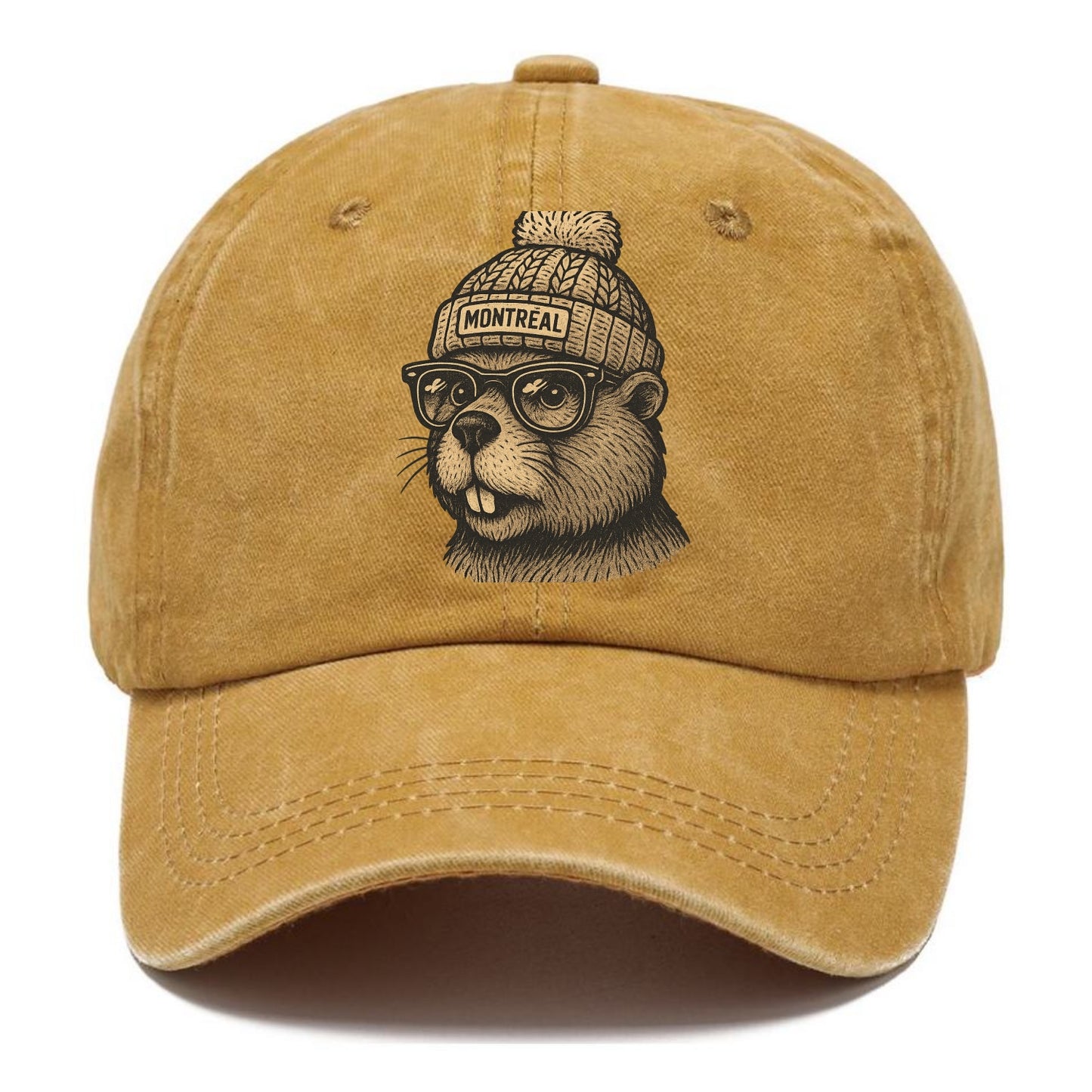 Montreal Beaver wearing Montreal beanie with pom pom and wayfarer sunglasses - Classic Cap - Golden Harvest(Yellow)