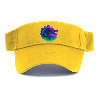 Primordial crocodile with scales pulsing plasma energy in green and purple, ancient runes - Visor - Golden Harvest(Yellow)