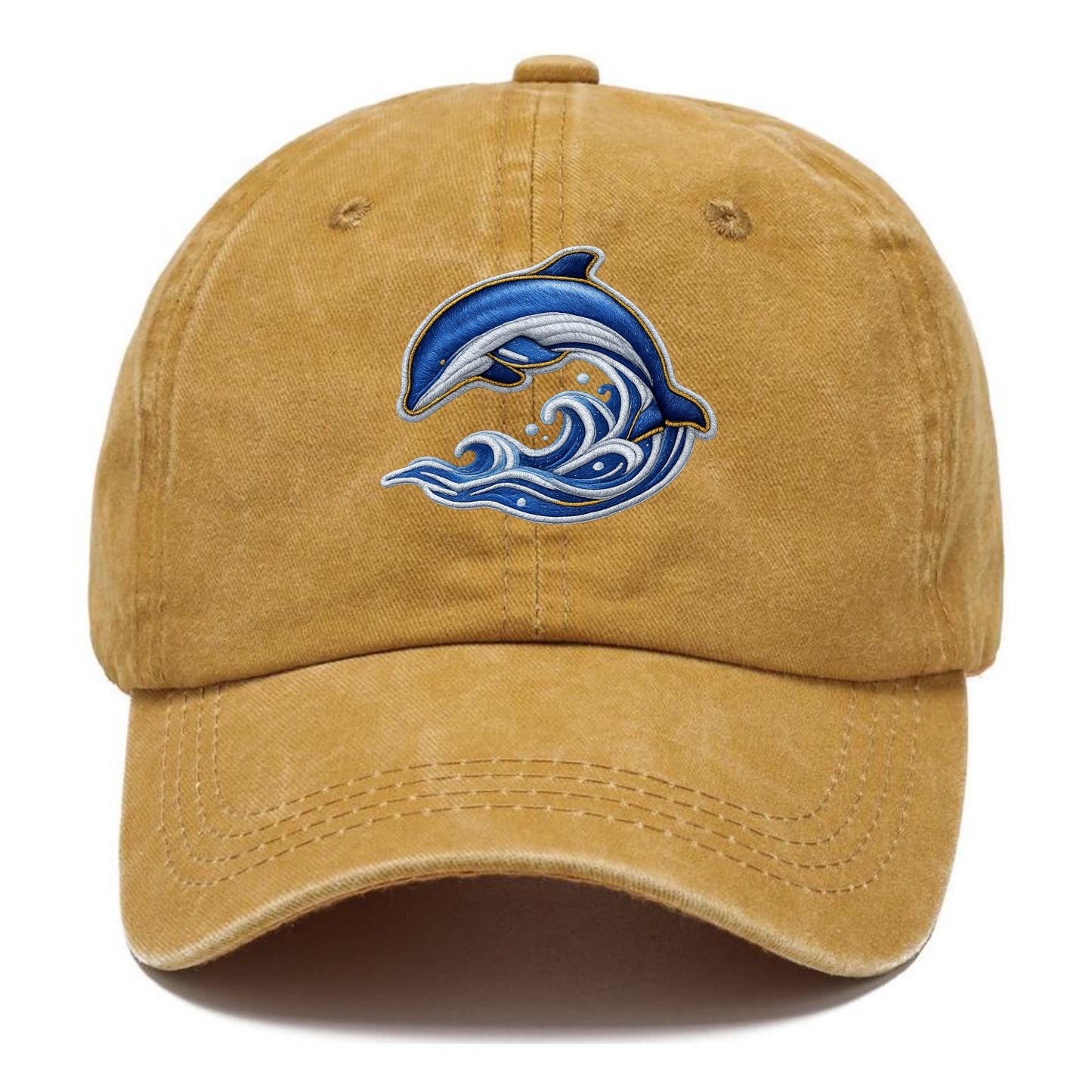 Embroidered patch design - SWIMMING DOLPHIN - diving dolphin with waves in blue and - Classic Cap - Golden Harvest(Yellow)