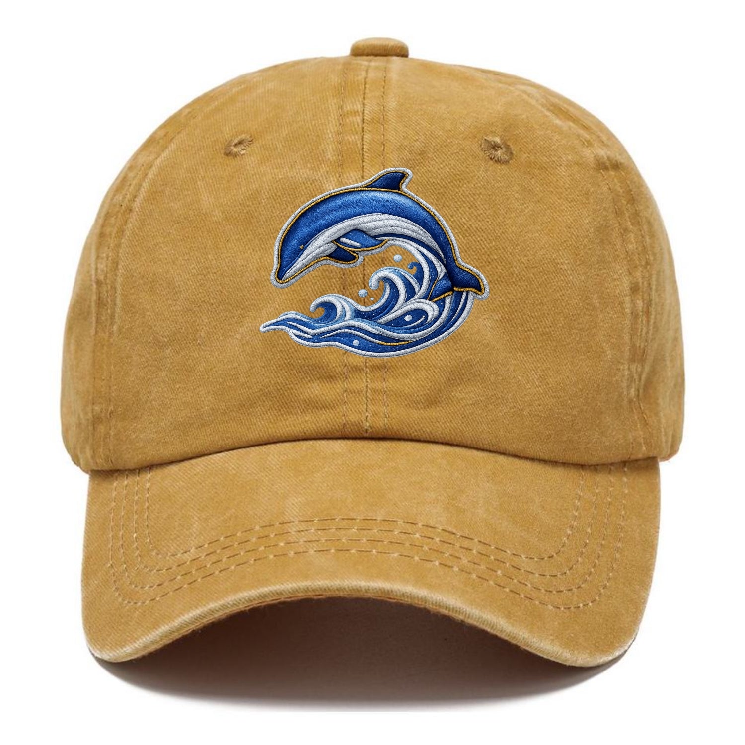 Embroidered patch design - SWIMMING DOLPHIN - diving dolphin with waves in blue and - Classic Cap - Golden Harvest(Yellow)