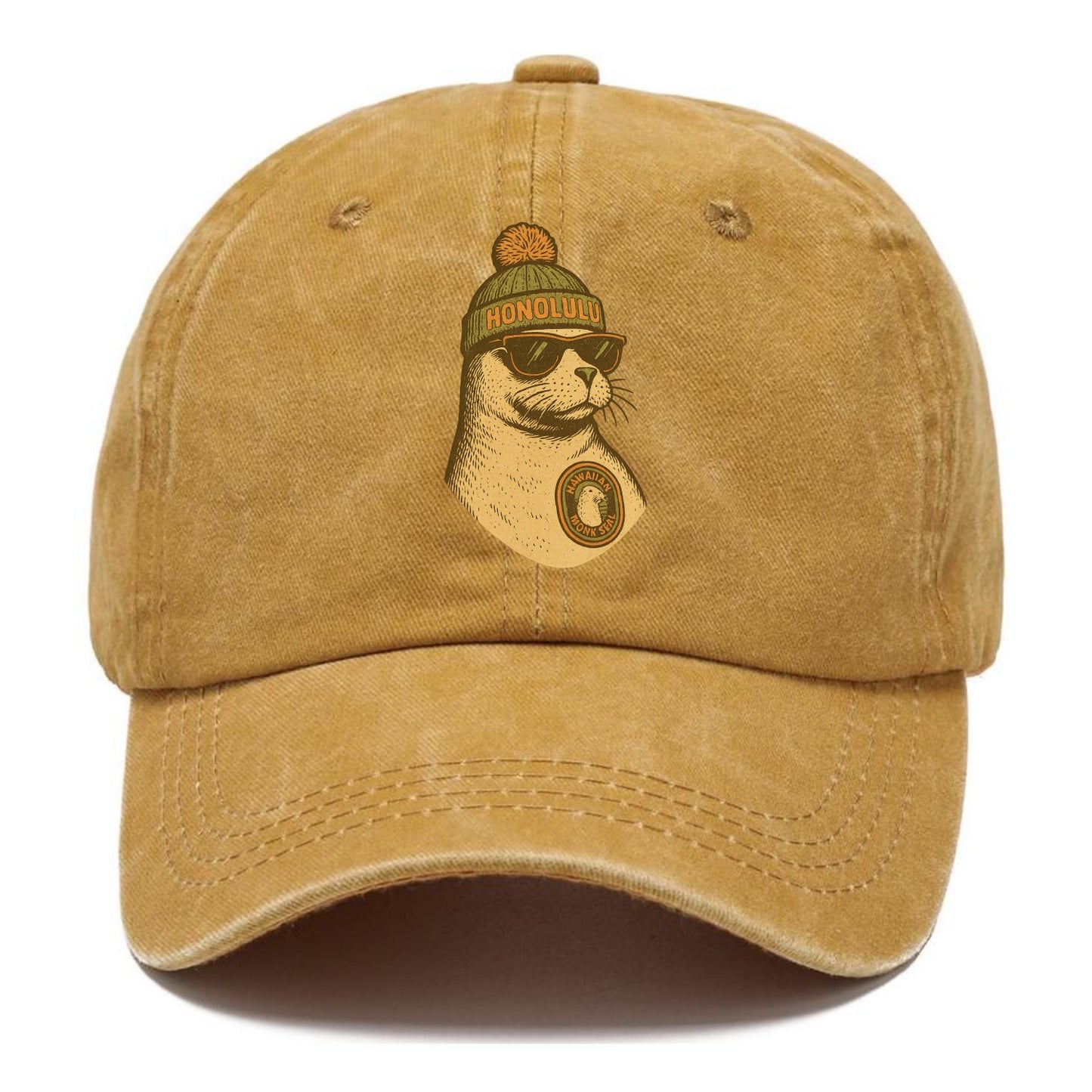 Hawaii Monk Seal wearing Honolulu beanie with pom pom and wayfarer sunglasses - Classic Cap - Golden Harvest(Yellow)