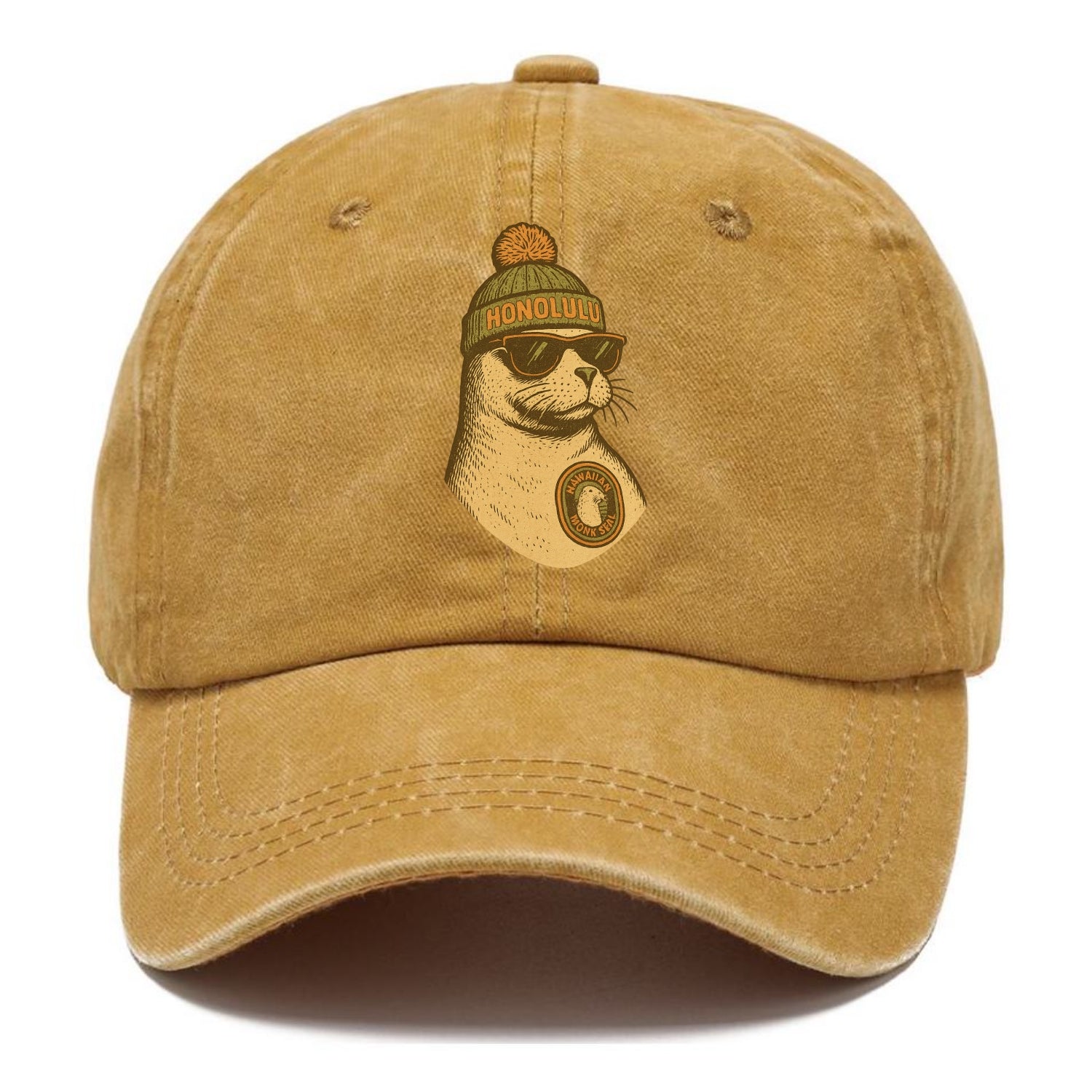 Hawaii Monk Seal wearing Honolulu beanie with pom pom and wayfarer sunglasses - Classic Cap - Golden Harvest(Yellow)