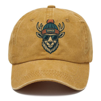 Denver Elk wearing Denver beanie with pom pom and wayfarer sunglasses - Classic Cap - Golden Harvest(Yellow)