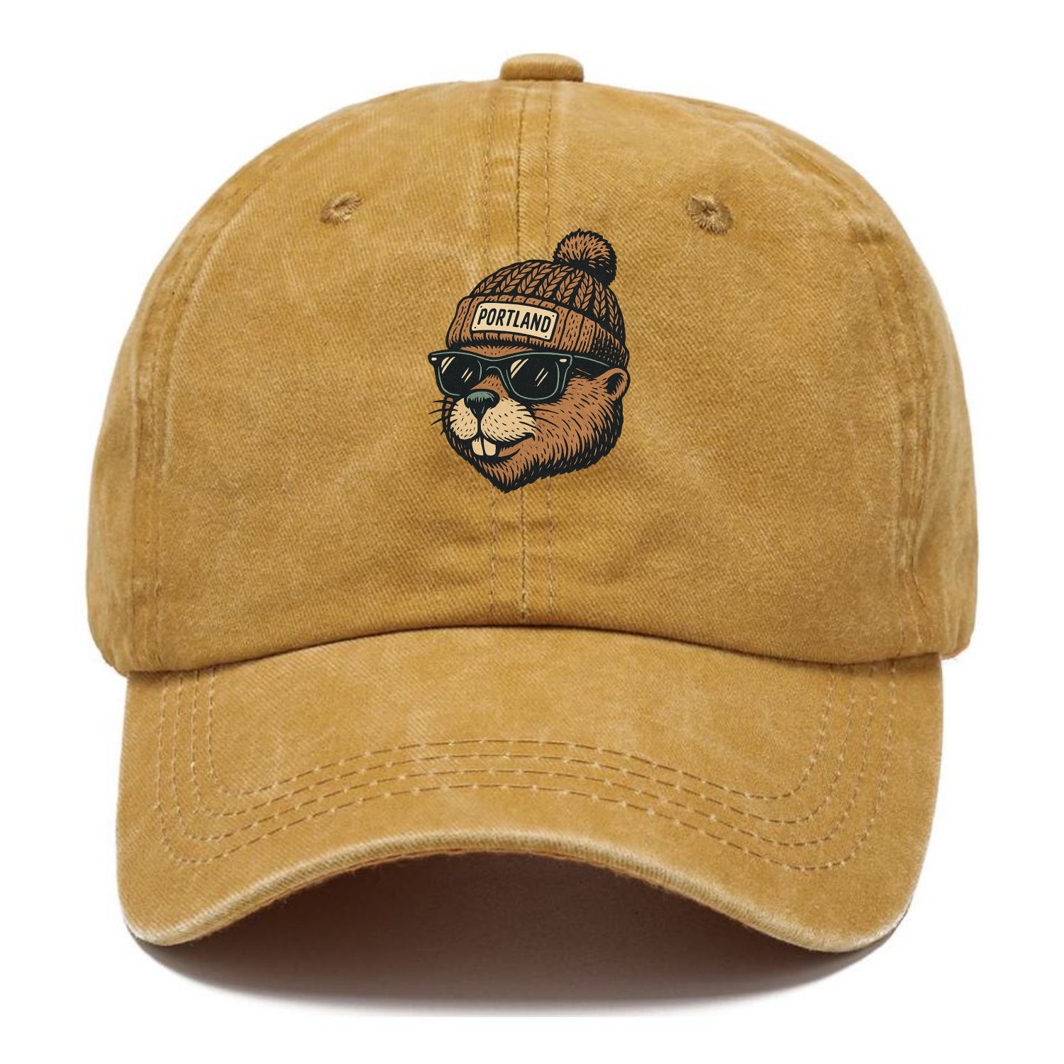 Portland Beaver wearing Portland beanie with pom pom and wayfarer sunglasses - Classic Cap - Golden Harvest(Yellow)
