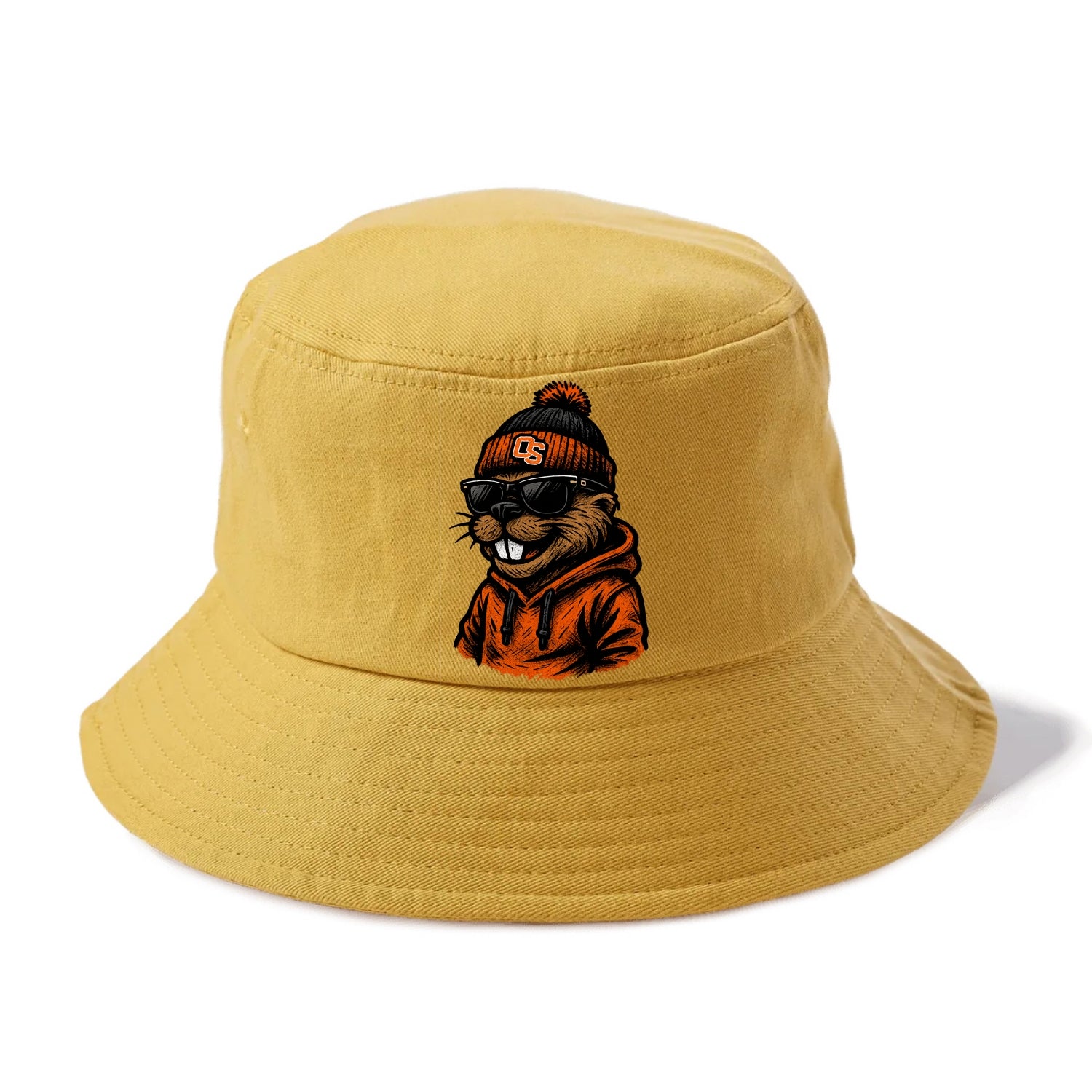 Corvallis Beaver wearing Oregon State beanie with OS patch - Bucket Hat - Golden Harvest(Yellow)