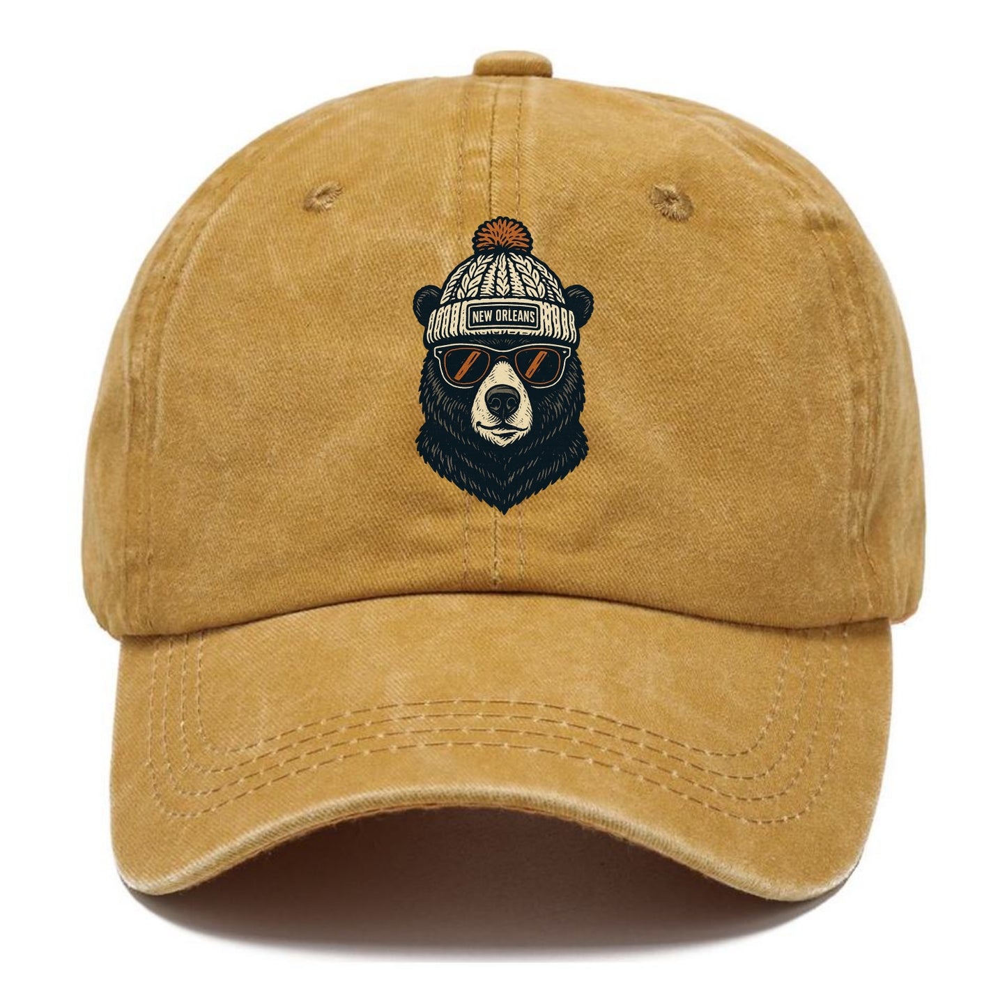 Louisiana Black Bear wearing New Orleans beanie with pom pom and wayfarer sunglasses - Classic Cap - Golden Harvest(Yellow)