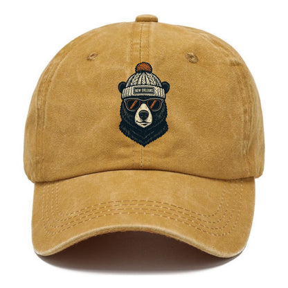 Louisiana Black Bear wearing New Orleans beanie with pom pom and wayfarer sunglasses - Classic Cap - Golden Harvest(Yellow)