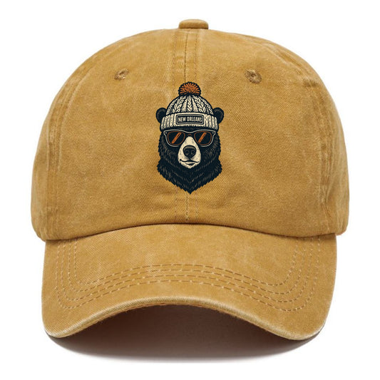 Louisiana Black Bear wearing New Orleans beanie with pom pom and wayfarer sunglasses - Classic Cap - Golden Harvest(Yellow)