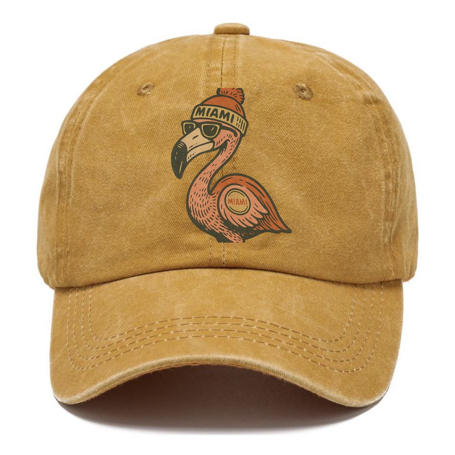 Miami Flamingo wearing Miami beanie with pom pom and wayfarer sunglasses - Classic Cap - Golden Harvest(Yellow)