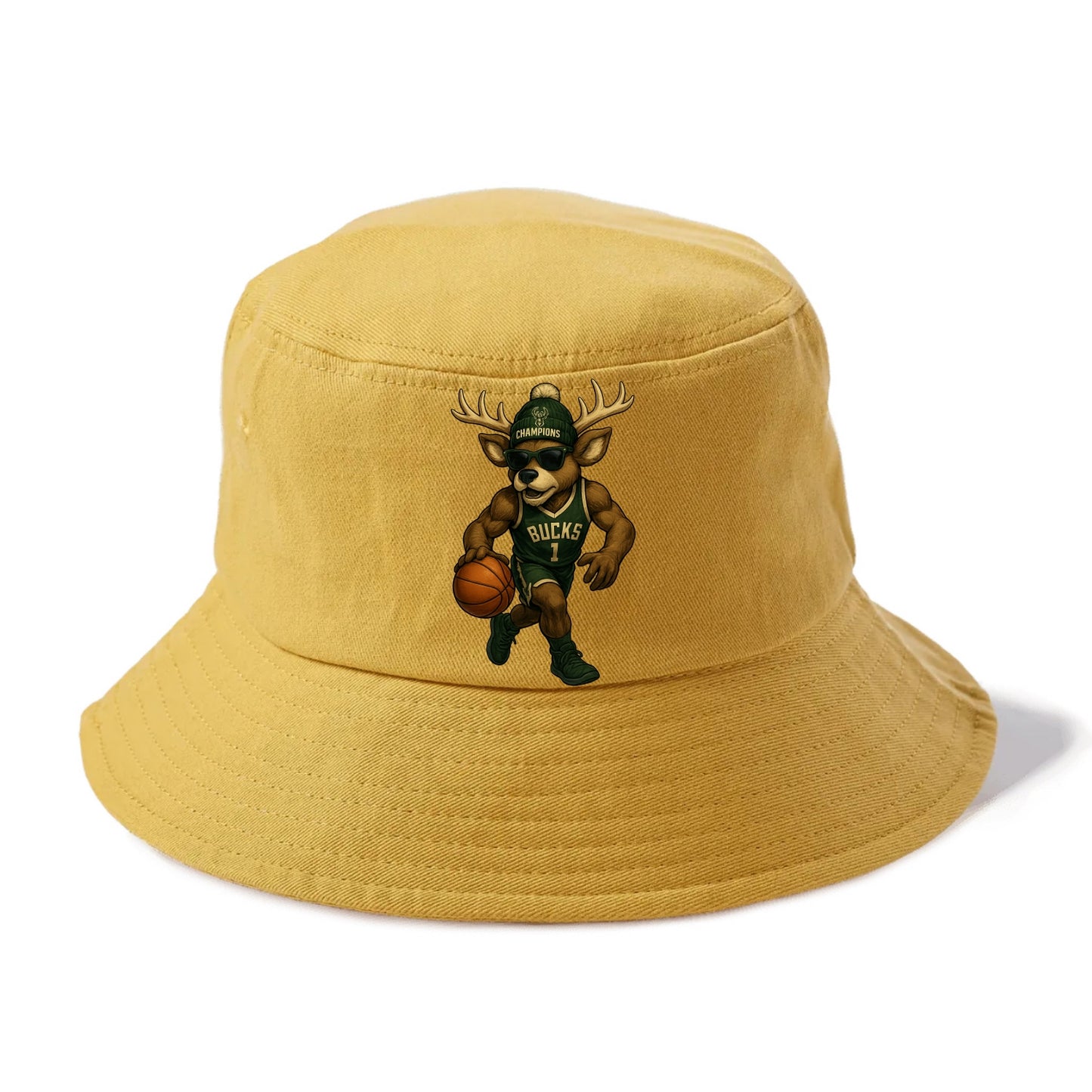 Milwaukee Buck Deer wearing Bucks green and cream beanie with antlers and wayfarer - Bucket Hat - Golden Harvest(Yellow)