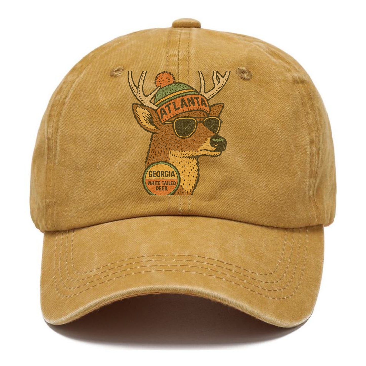 Georgia White-tailed Deer wearing Atlanta beanie with pom pom and wayfarer sunglasses - Classic Cap - Golden Harvest(Yellow)