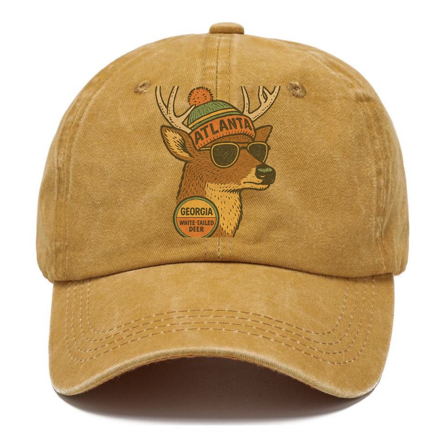 Georgia White-tailed Deer wearing Atlanta beanie with pom pom and wayfarer sunglasses - Classic Cap - Golden Harvest(Yellow)