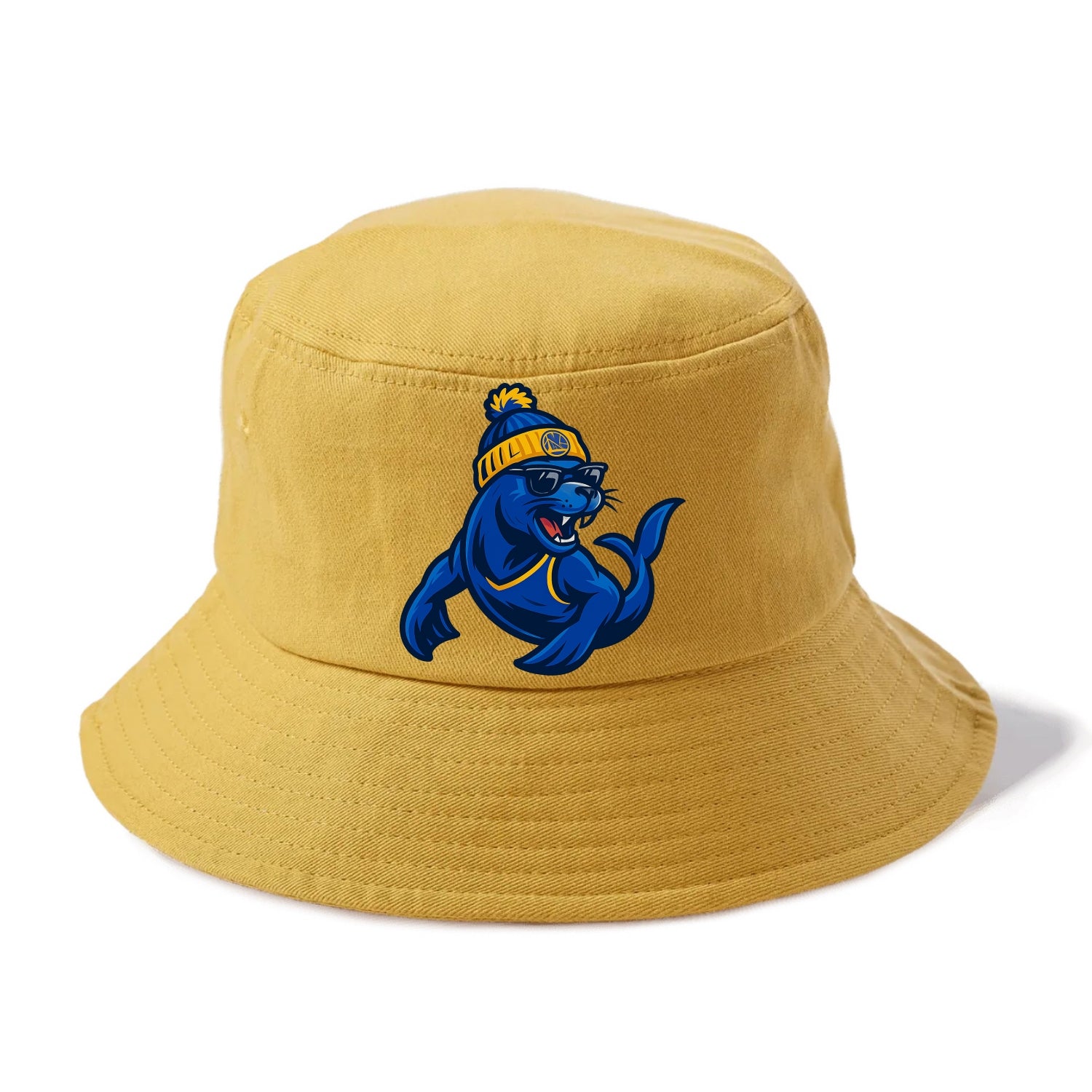 Bay Area Sea Lion wearing Warriors blue and gold beanie with Golden Gate and wayfarer - Bucket Hat - Golden Harvest(Yellow)