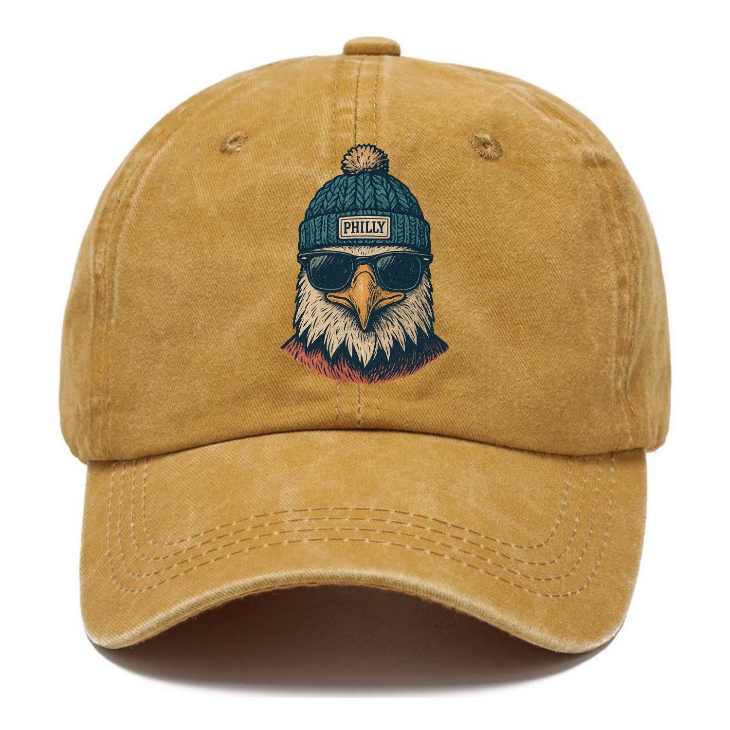Philadelphia Eagle wearing Philly beanie with pom pom and wayfarer sunglasses - Classic Cap - Golden Harvest(Yellow)