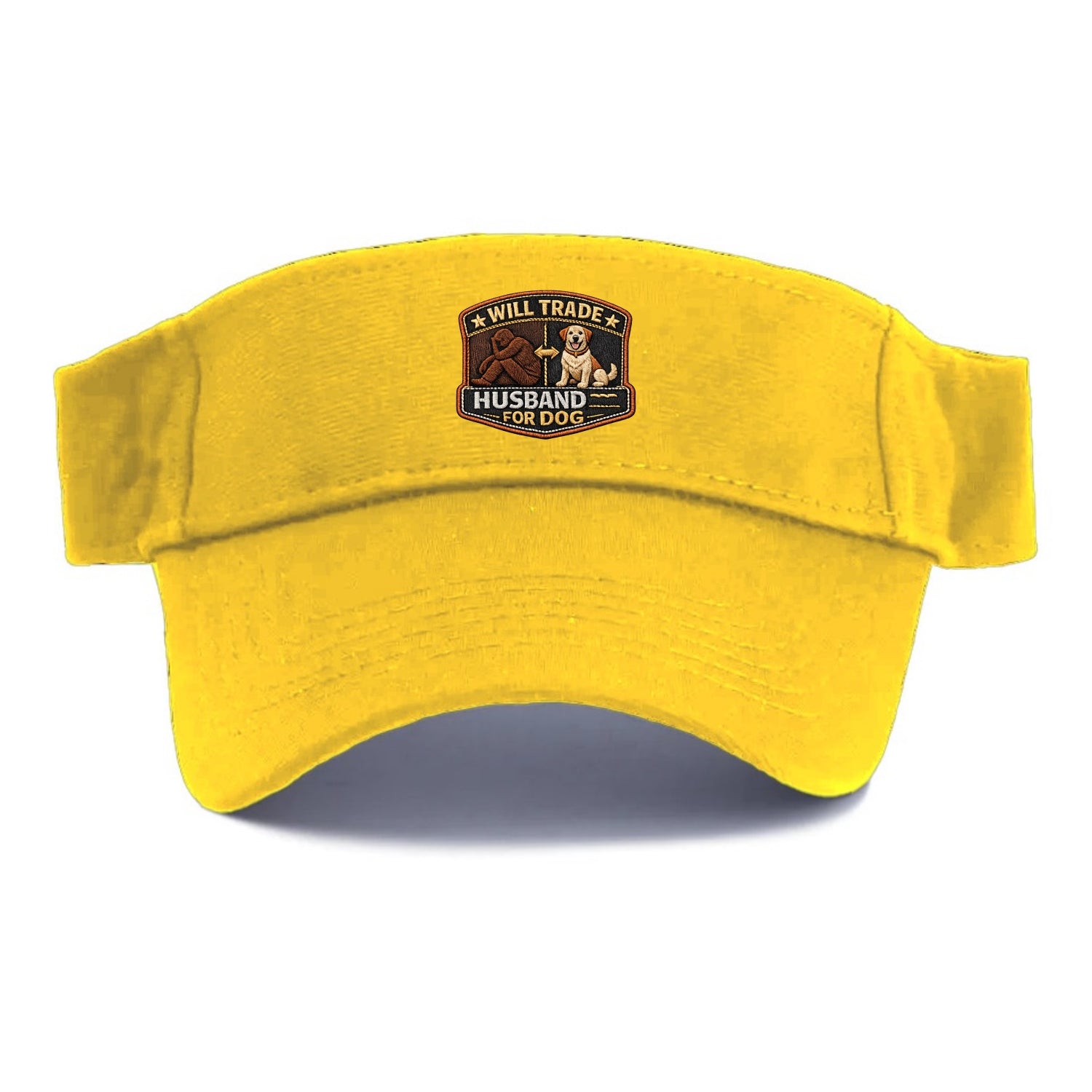 WILL TRADE HUSBAND FOR DOG - dog and man silhouette in brown , pet priority - Visor - Golden Harvest(Yellow)