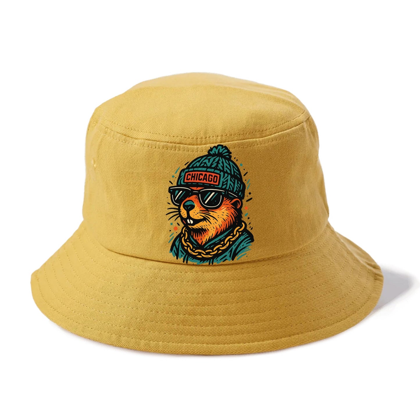 Illinois Prairie Dog wearing Chicago beanie with pom pom and wayfarer sunglasses - Bucket Hat - Golden Harvest(Yellow)