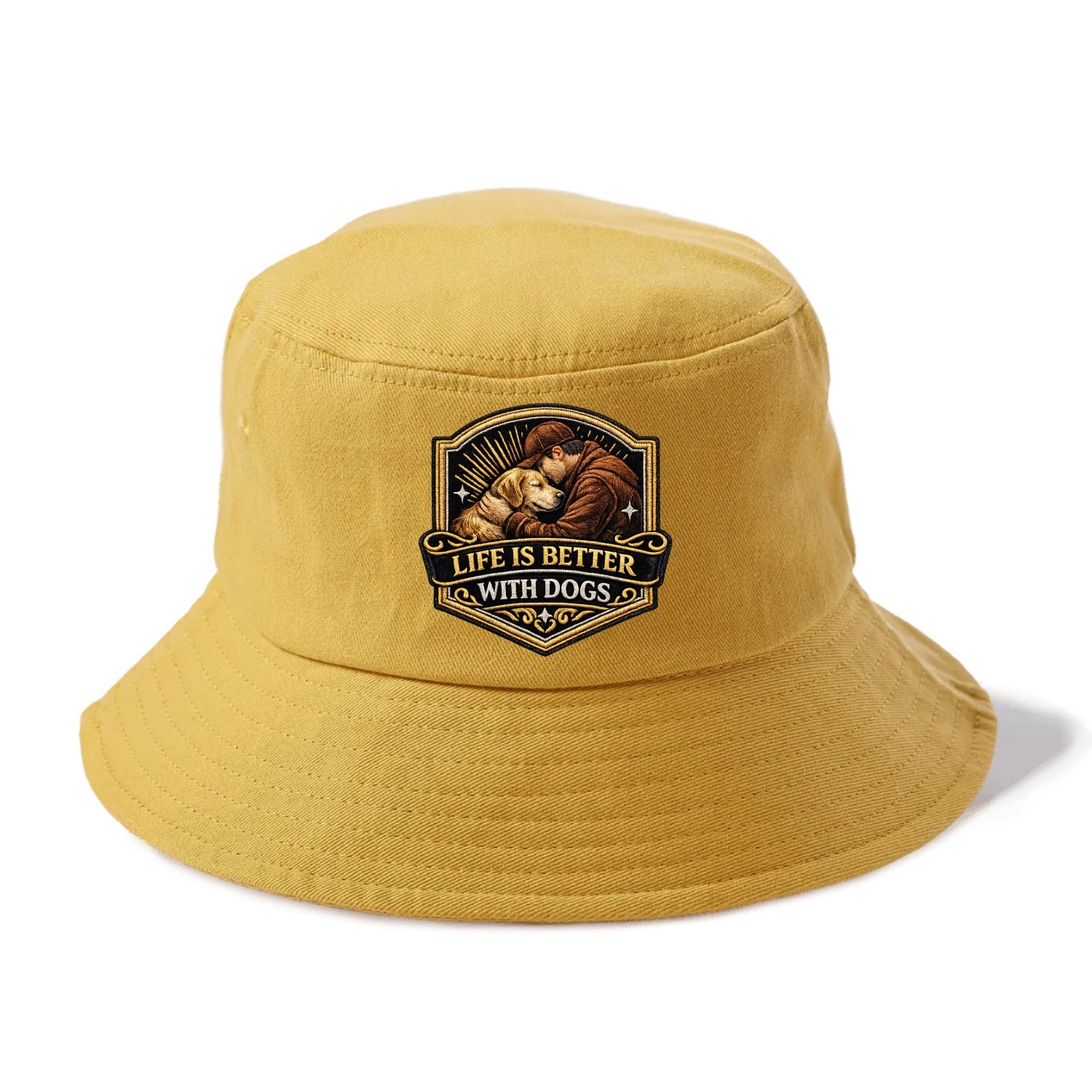 LIFE IS BETTER WITH DOGS - dog and human in brown , dog lover - Bucket Hat - Golden Harvest(Yellow)
