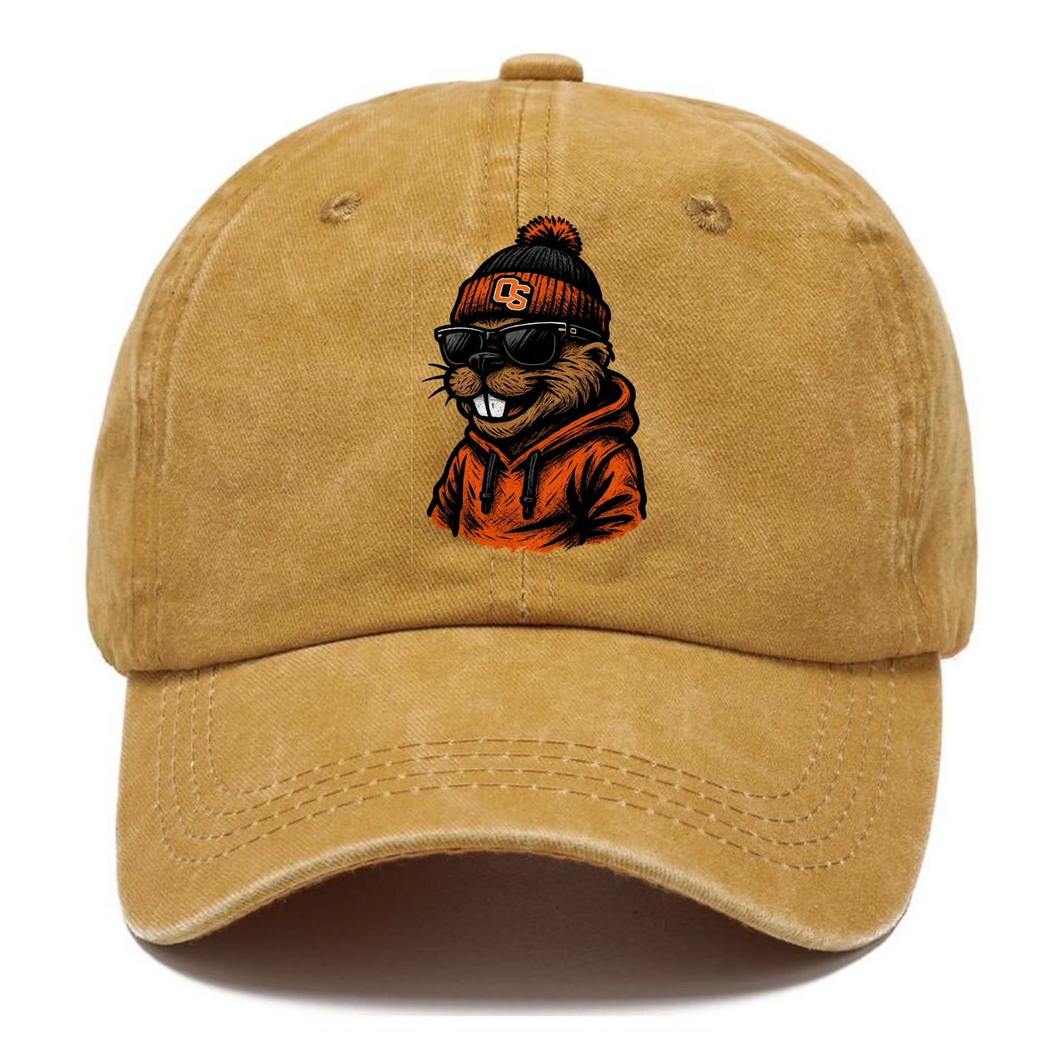 Corvallis Beaver wearing Oregon State beanie with OS patch - Classic Cap - Golden Harvest(Yellow)