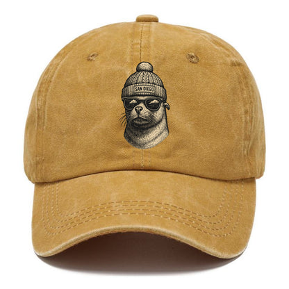San Diego Sea Lion wearing San Diego beanie with pom pom and wayfarer sunglasses - Classic Cap - Golden Harvest(Yellow)